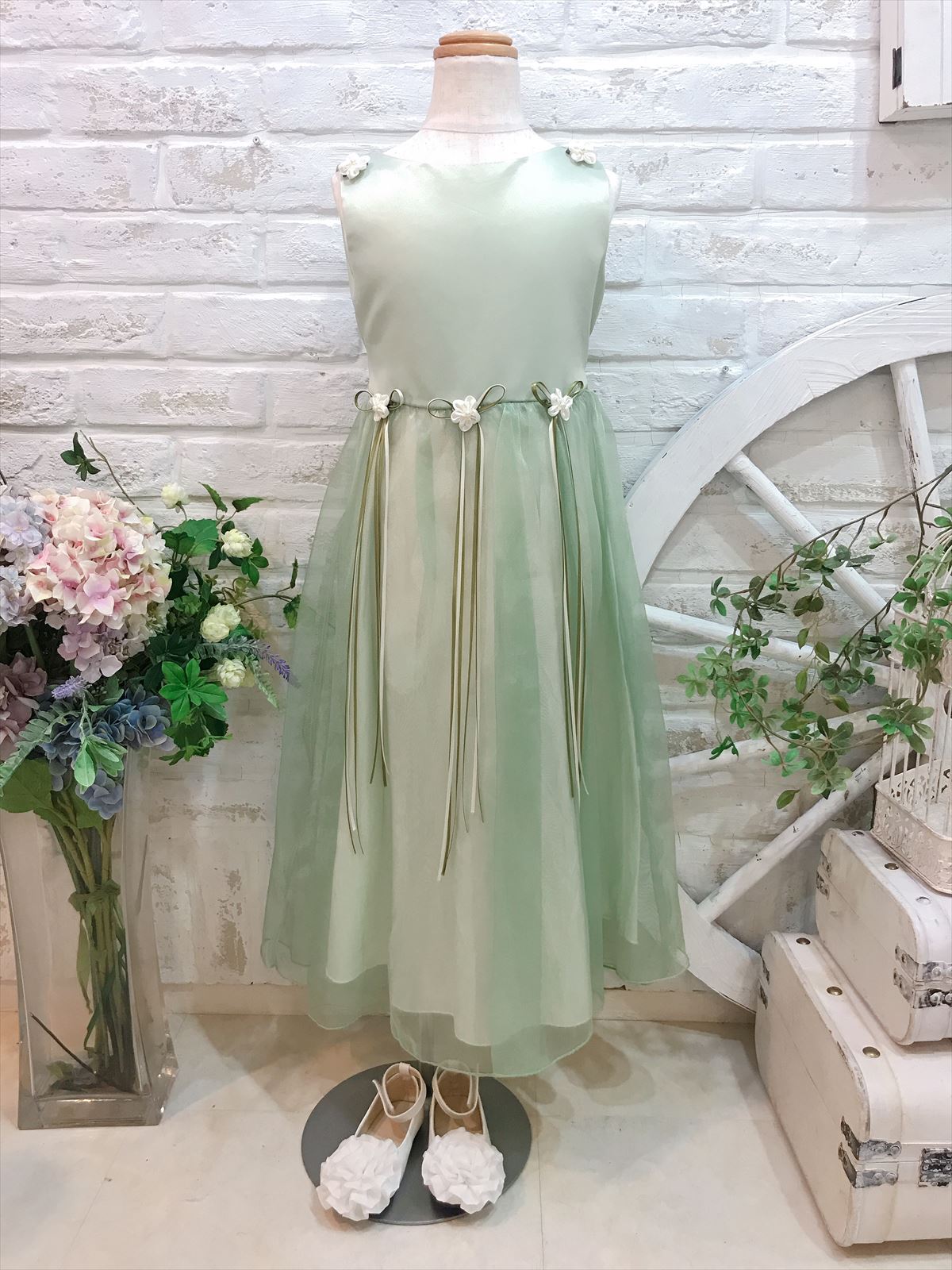 【キッズドレス】ミントグリーンリボンドレス　120〜130cm