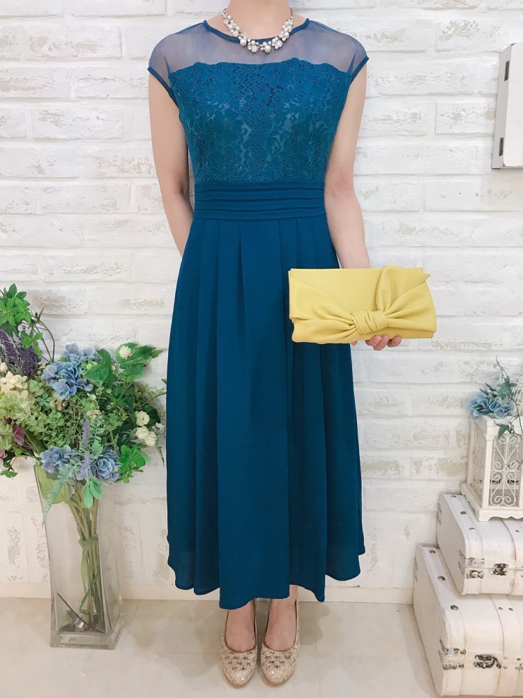 【パーティドレス】深いグリーンのフレンチスリーブミモレ丈ドレス