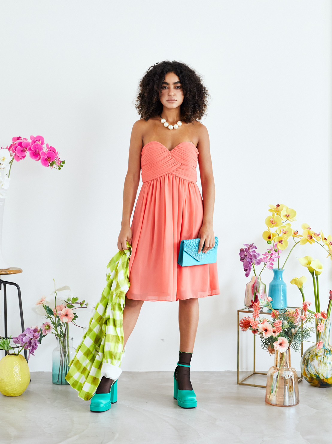 【パーティドレス】オレンジシンプルシフォン膝丈ベアドレス