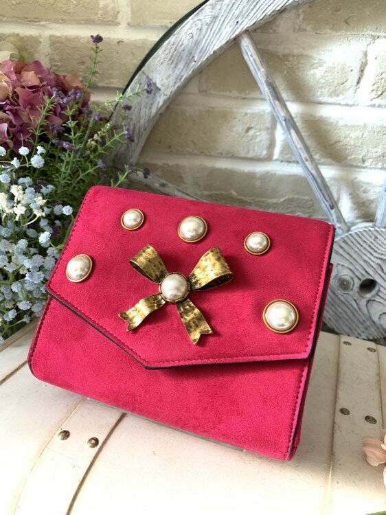 【バック】リボン×パール　ピンクスウェード