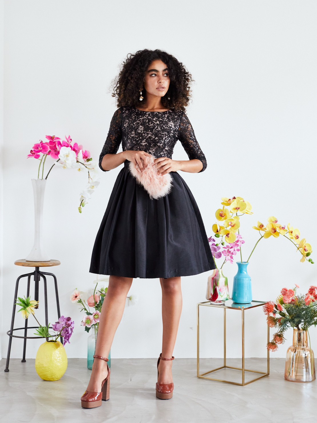 【パーティドレス】ブラックスパンコール七分袖フレアスカート膝丈ドレス