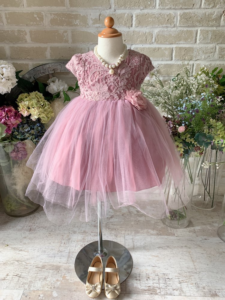 子供　生後3ヶ月　キッズ　女の子　結婚式　ラベンダー　くすみピンク　パープル　ピンク　フレア　お花　袖付き　ドレス