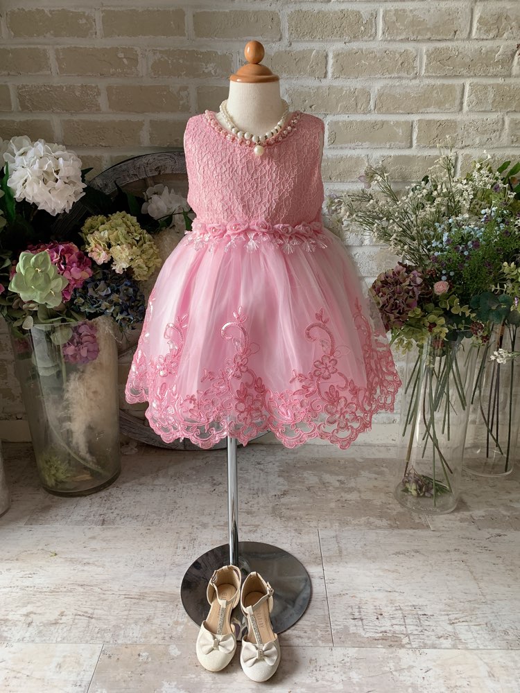 〈キッズ〉パールフラワーモチーフ　ピンクドレス　100