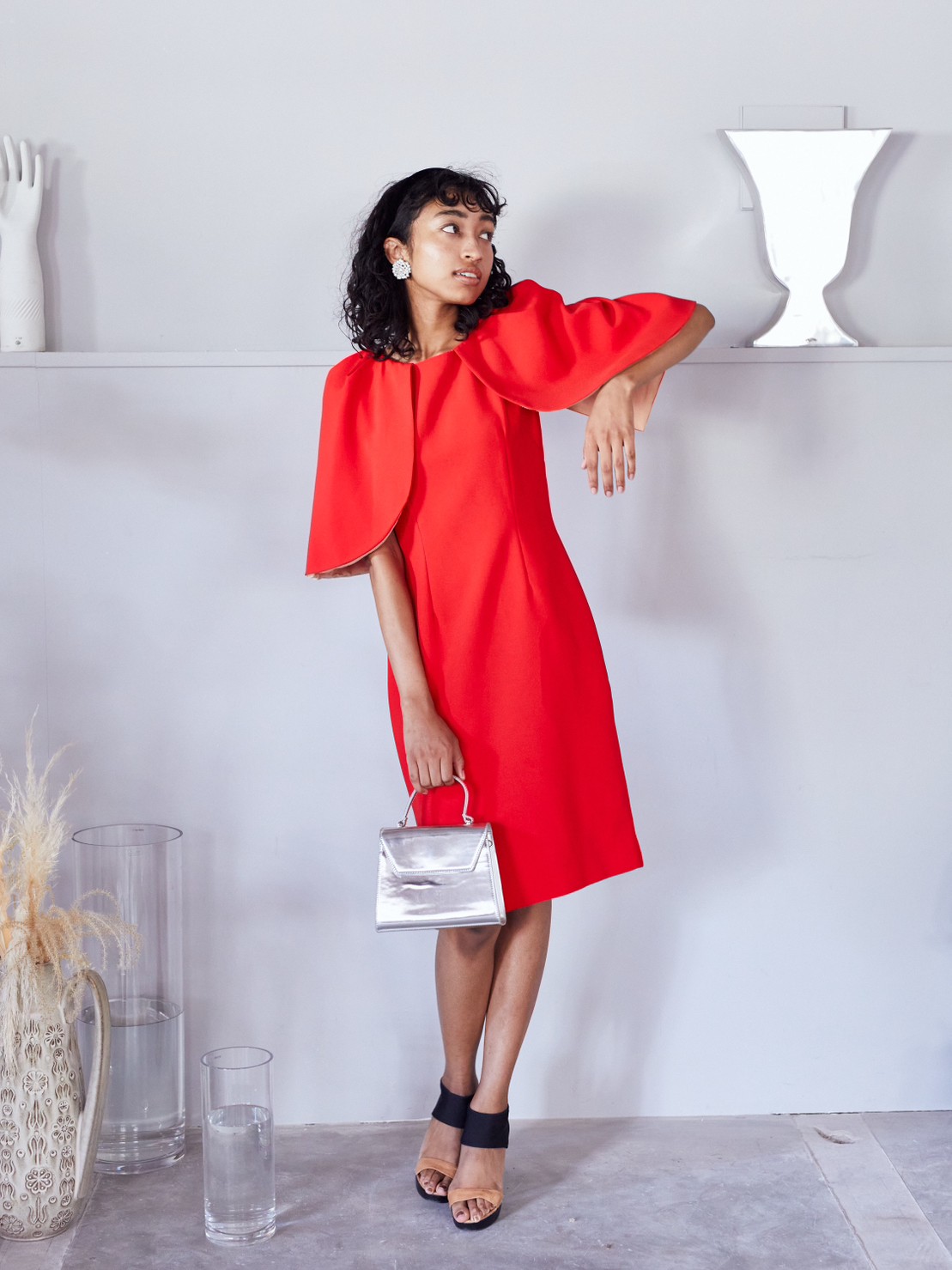 【パーティドレス】レッドチューリップ袖膝丈ワンピース