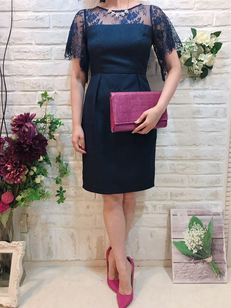 【ゲストドレス】ネイビー　胸元レース　膝丈タイト　M