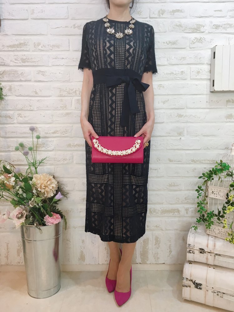 【パーティドレス】 LAGUNA MOON ブラック総レースミディアム丈ショートスリーブドレス