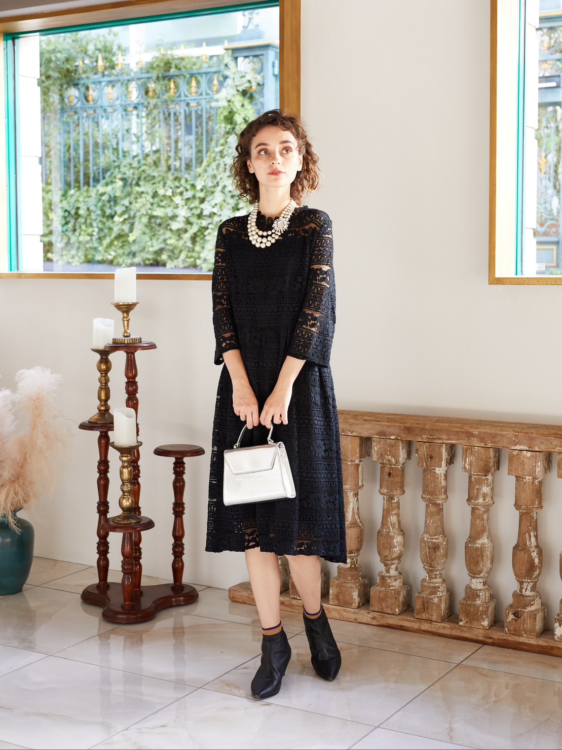 【パーティドレス】ブラック袖あり丈長め総レースドレス