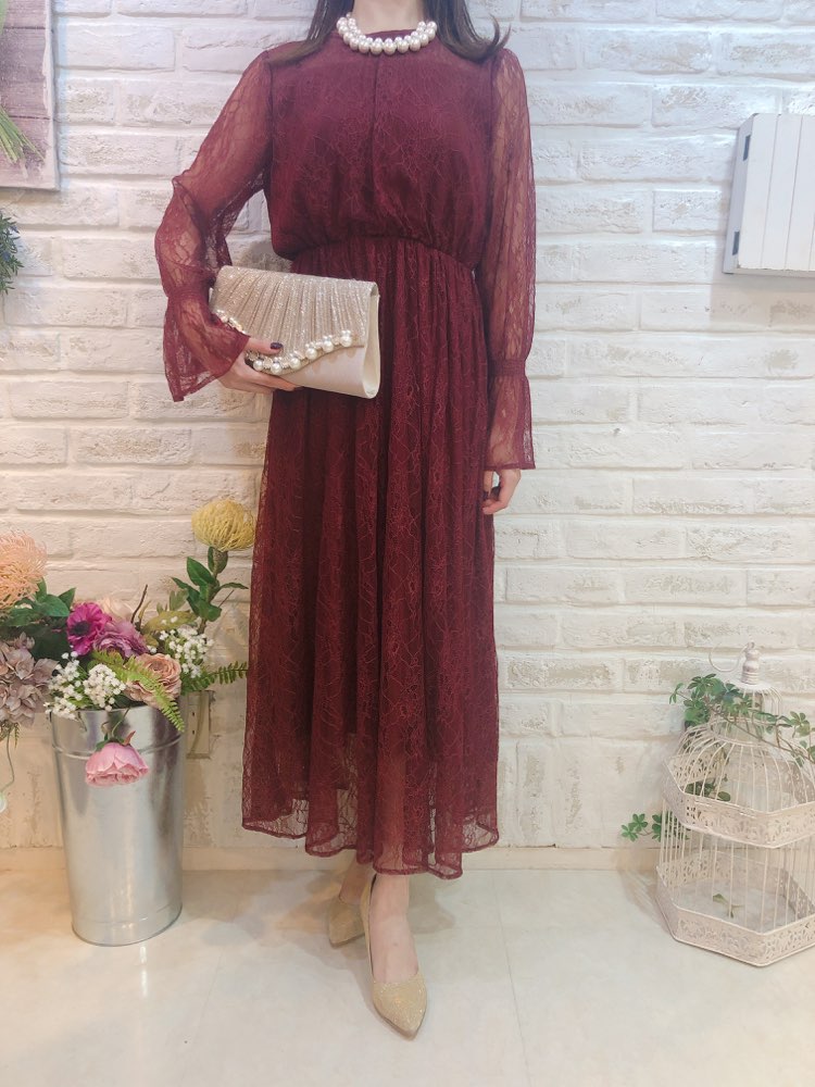 【ゲストドレス】ボルドーレースベルスリーブ